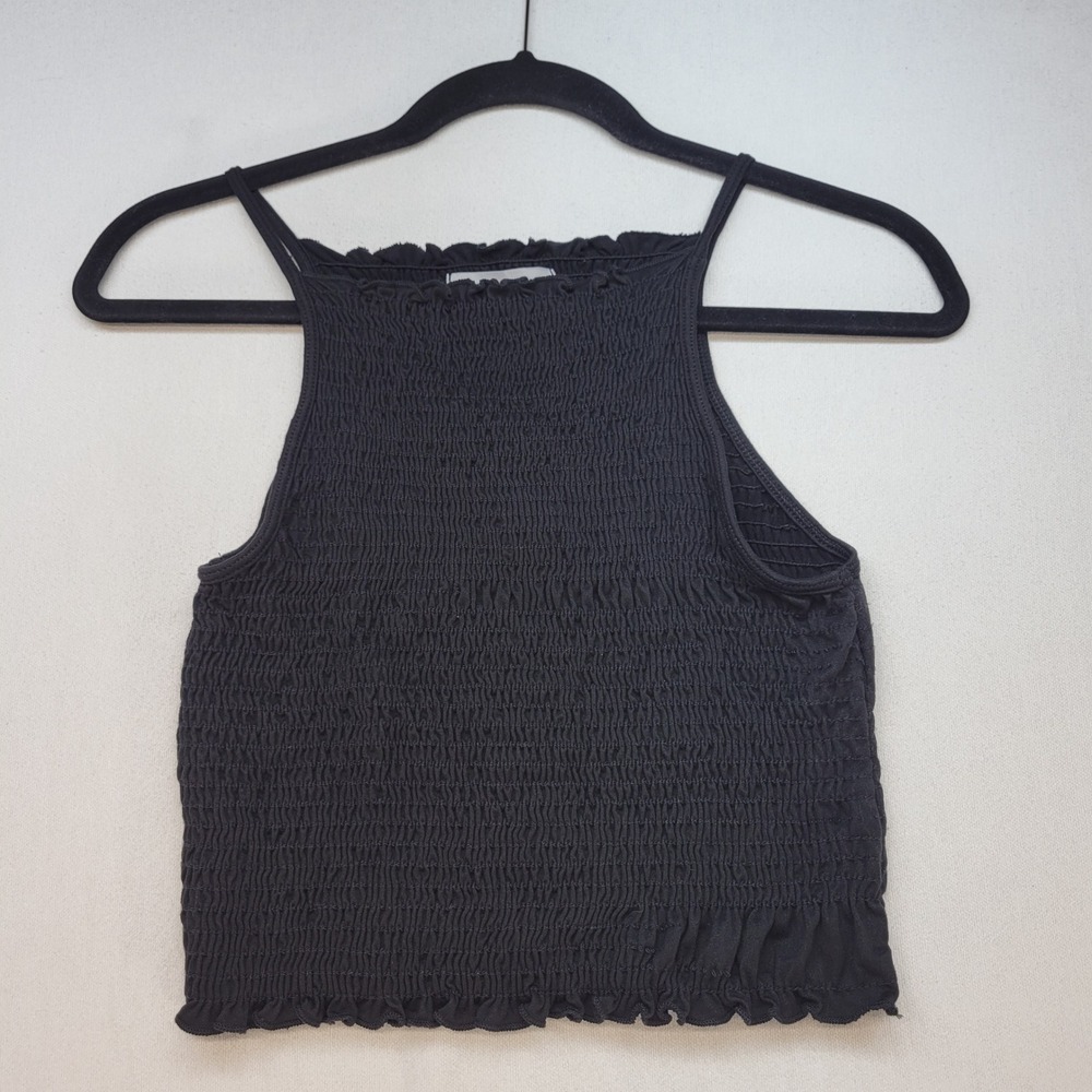Gaze Cami Crop Top Womens Medium Black Smocked Ruffle Trim Scrunch Strap